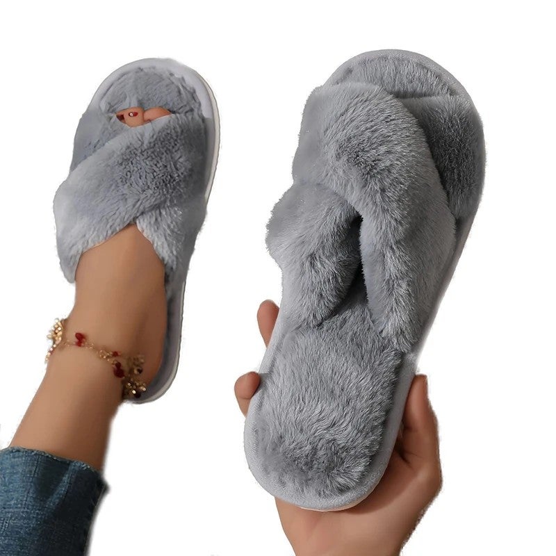 Y&D Fashion Non-slip Fluffy Cross Strap Floor Cotton Slippers Women Winter Warm Soft Indoor Flat Slides Home Fuzzy Slippers - Image 2