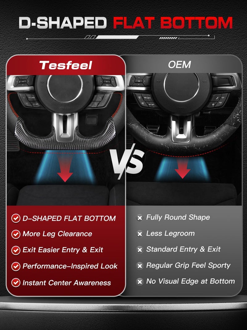 TESFEEL Carbon Fiber Steering Wheel for Mustang 2018-2023 Black Nappa Perforated Leather with Hand Stitching D-shaped Steering Wheel for Mustang EcoBoost/GT for Shelby GT350/GT350R - Image 4