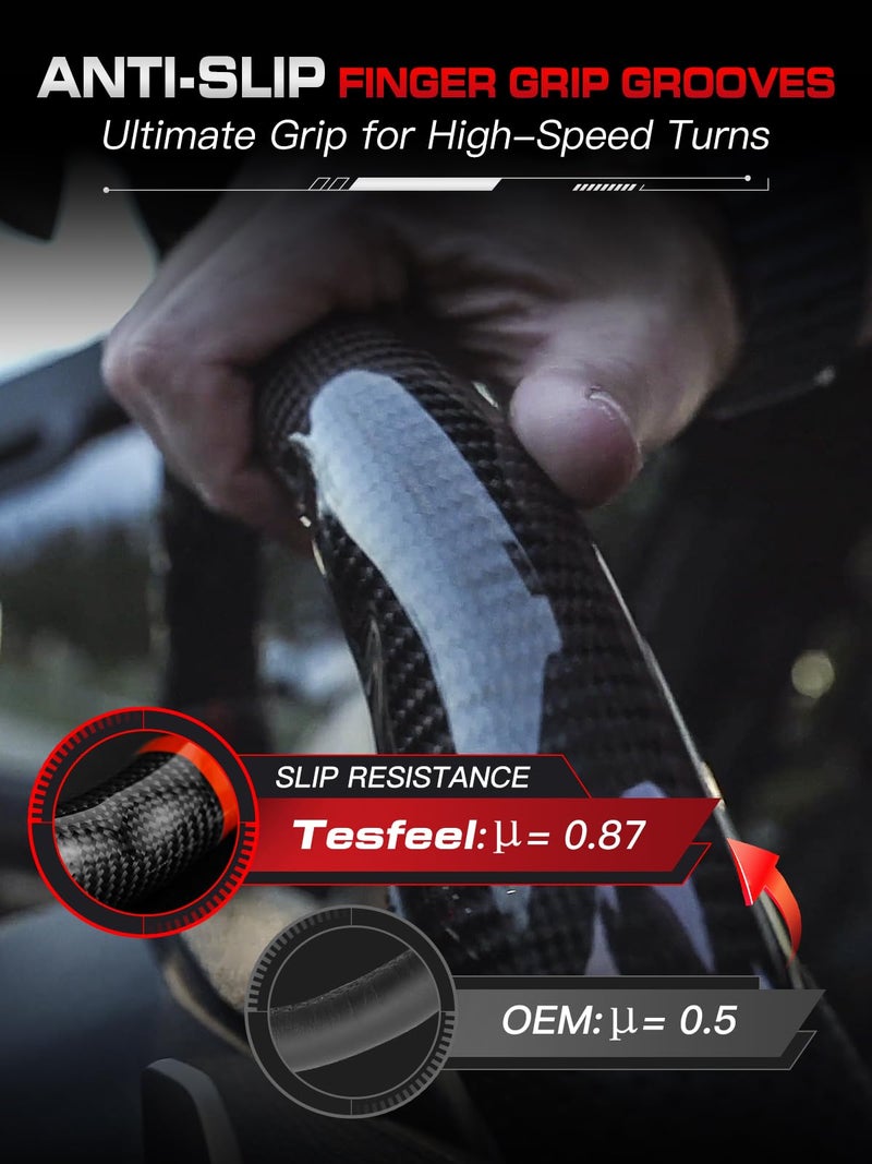 TESFEEL Carbon Fiber Steering Wheel for Mustang 2018-2023 Black Nappa Perforated Leather with Hand Stitching D-shaped Steering Wheel for Mustang EcoBoost/GT for Shelby GT350/GT350R - Image 5