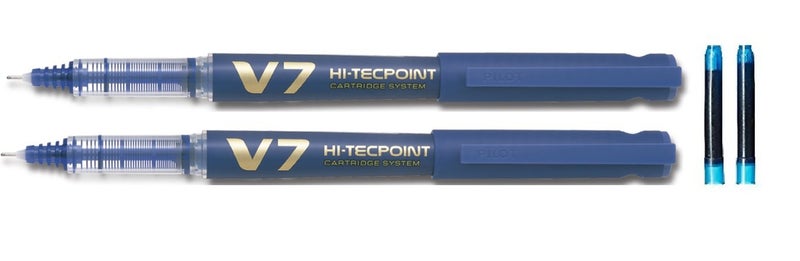 PILOT قلم رولر V7 هاي تيك بوينت مع نظام خرطوشة - 2 قلم أزرق، 2 خرطوشة - Image 1