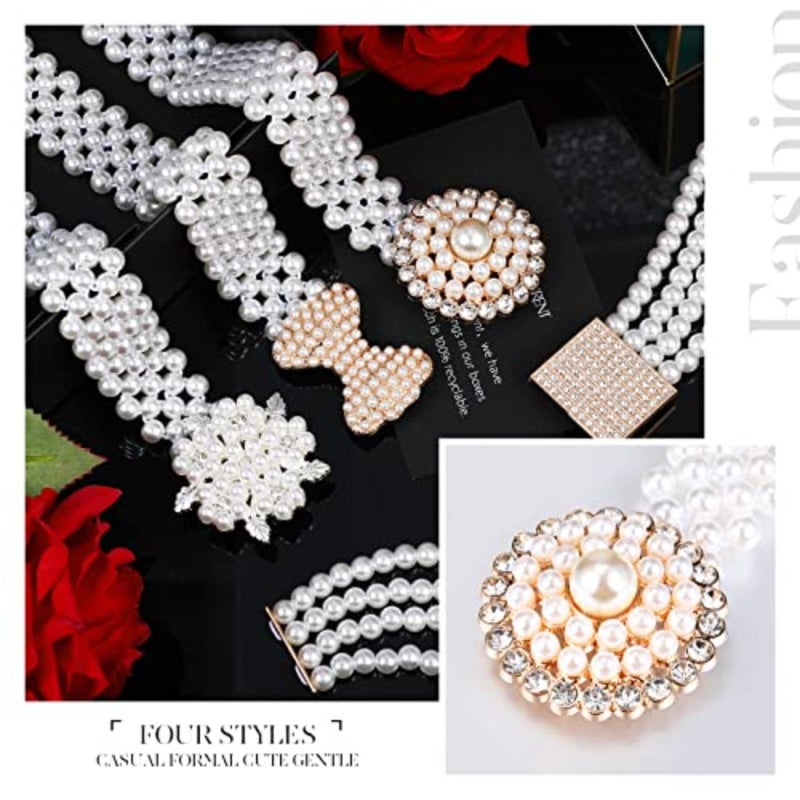 4 Pack Wedding Pearl Belt for Women Dress Rhinestone Bridal Belt Crystal Beaded Waistband Elastic Jeweled Wedding Waist Sash Accessories for Women Bride Bridesmaid Gown Birthday Party Prom Gifts - Image 3