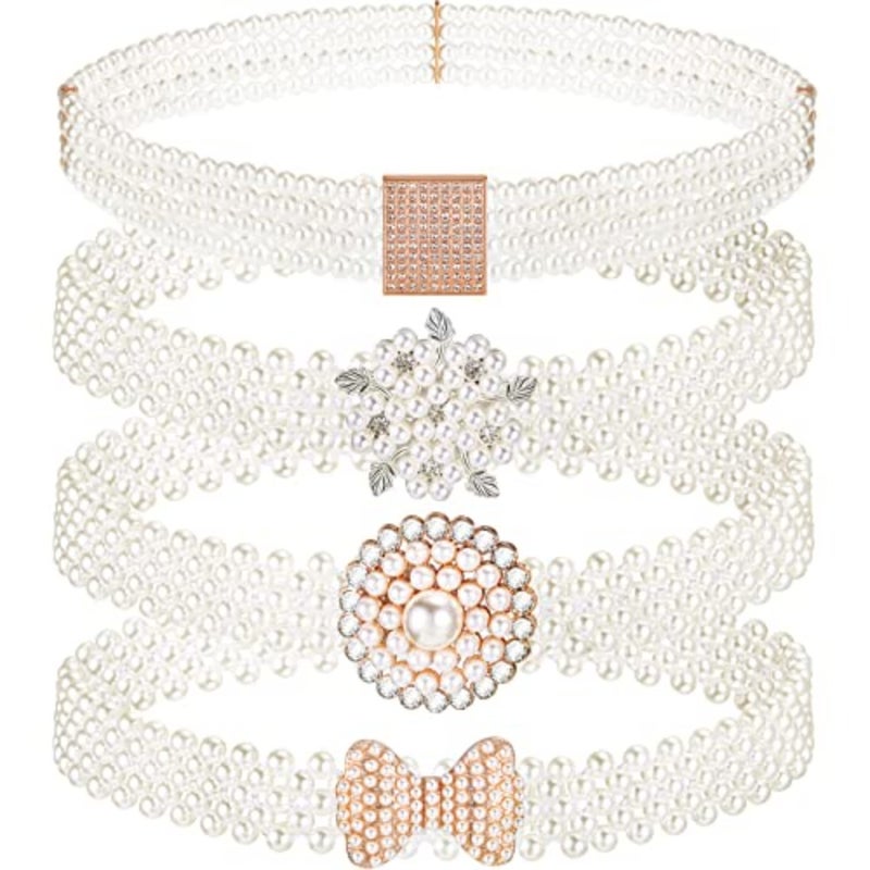 4 Pack Wedding Pearl Belt for Women Dress Rhinestone Bridal Belt Crystal Beaded Waistband Elastic Jeweled Wedding Waist Sash Accessories for Women Bride Bridesmaid Gown Birthday Party Prom Gifts - Image 1