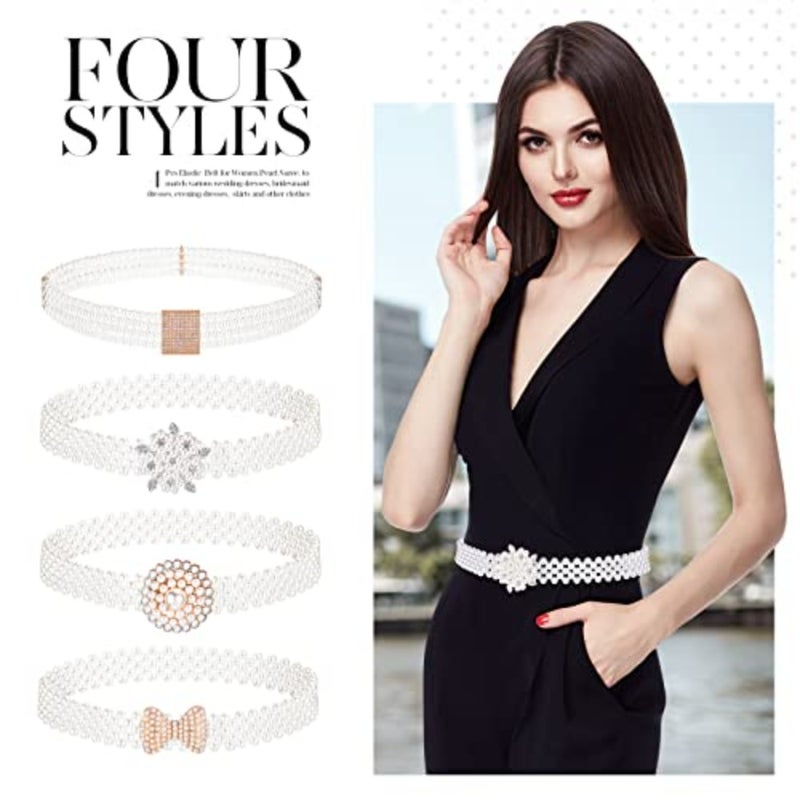 4 Pack Wedding Pearl Belt for Women Dress Rhinestone Bridal Belt Crystal Beaded Waistband Elastic Jeweled Wedding Waist Sash Accessories for Women Bride Bridesmaid Gown Birthday Party Prom Gifts - Image 4