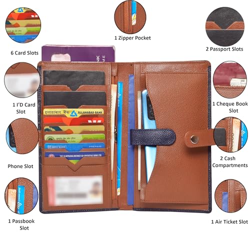 ABYS Genuine Leather RFID Protected Navy-Tan Passport Wallet||Cheque Book Holder with Zip Closure for Men and Women - Image 3