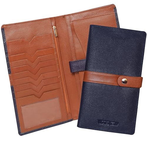 ABYS Genuine Leather RFID Protected Navy-Tan Passport Wallet||Cheque Book Holder with Zip Closure for Men and Women - Image 1