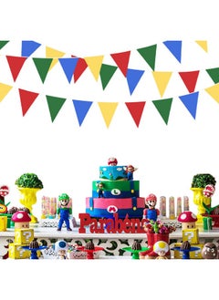 pinkblume 32Ft Super Mario Party Decorations Red Blue Yellow Green Carnival Circus Clown Triangle Flag Pennant Bunting Banner Fabric Garland Streamers for Kids Mario Birthday Baby Shower Outdoor Garden Decor  - Image 4