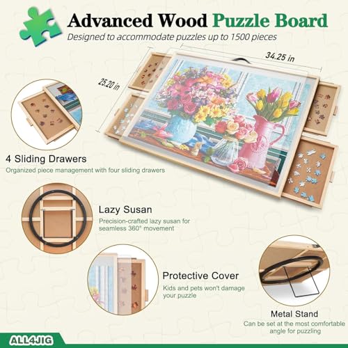 ALL4JIG 1500 Pieces 2in1 Tilting Rotating Puzzle Board 342 x 252Adjustable Angle Puzzle Board with 4 Drawers Clear Protective Cover Birthday Gift for mom - Image 5
