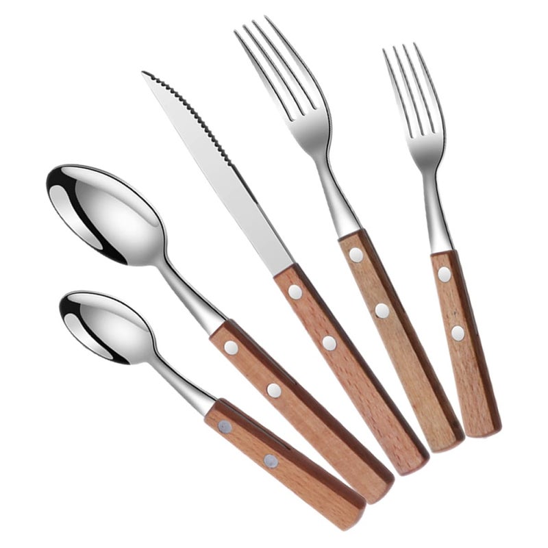 5pcs Stainless Steel Flatware Set With Solid Wood Handles For Buffet And Party Dining - Image 2