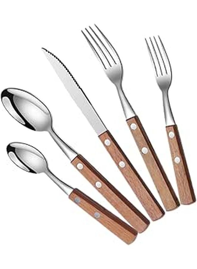 5pcs Stainless Steel Flatware Set With Solid Wood Handles For Buffet And Party Dining - Image 1