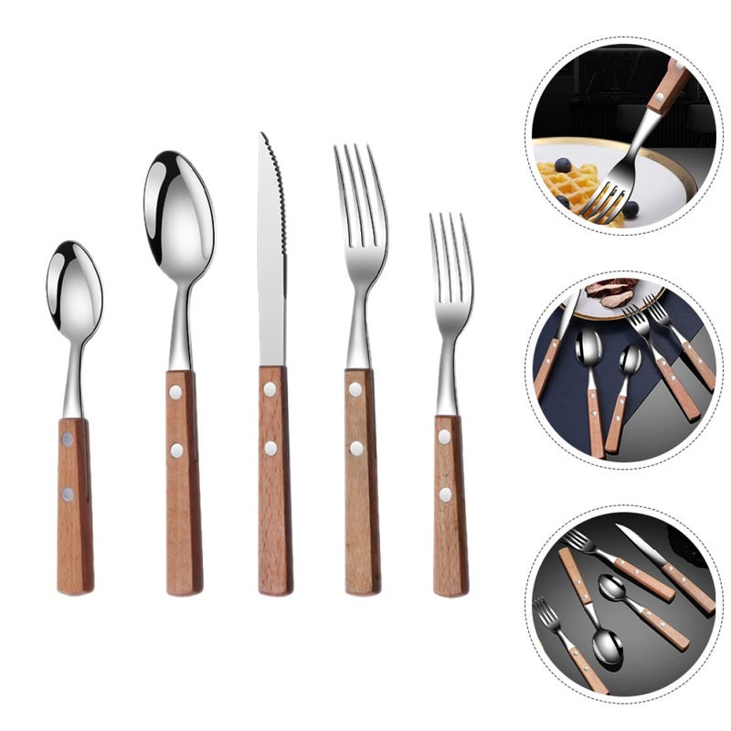 5pcs Stainless Steel Flatware Set With Solid Wood Handles For Buffet And Party Dining - Image 3