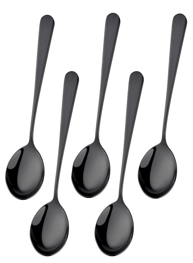 QRU 6.3 Inch Soup Spoons, Food-Grade Stainless Steel Round Spoon & Teaspoons Set, Durable Metal Dessert Spoons, Dishwasher Safe Silverware for Home & Restaurant (5, Black) - Image 1