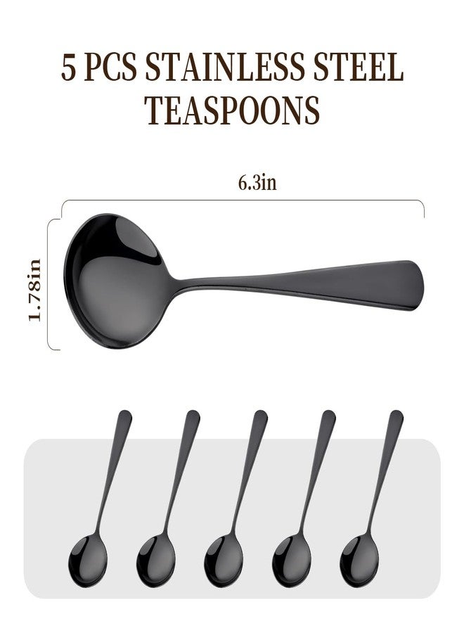 QRU 6.3 Inch Soup Spoons, Food-Grade Stainless Steel Round Spoon & Teaspoons Set, Durable Metal Dessert Spoons, Dishwasher Safe Silverware for Home & Restaurant (5, Black) - Image 2