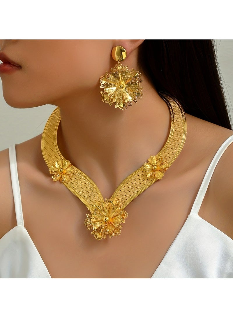 JOOLI 2 Pieces Jewelry Set, Women Fashion Accessories, Gold Necklace Earrings Set, Wealthy Ladies Jewelry - Image 1