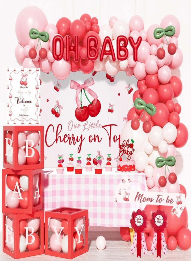 Hombae Cherry on Top Baby Shower Decorations - Baby Girl 136 PCs Cherry Themed Baby Shower Party Supplies with Backdrop, Balloon Garland, Cake Topper, Mom to be Sash - Image 1