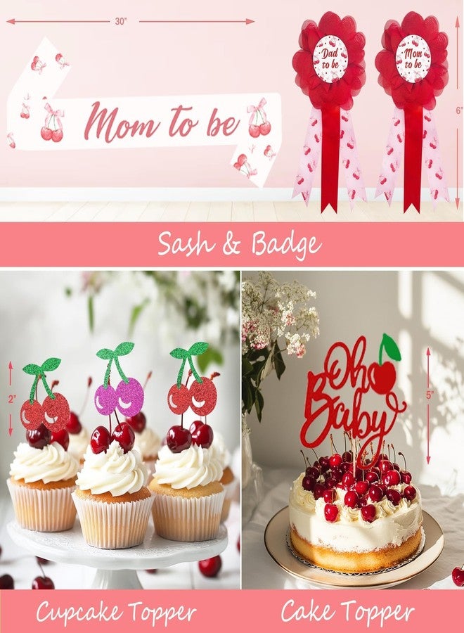 Hombae Cherry on Top Baby Shower Decorations - Baby Girl 136 PCs Cherry Themed Baby Shower Party Supplies with Backdrop, Balloon Garland, Cake Topper, Mom to be Sash - Image 4