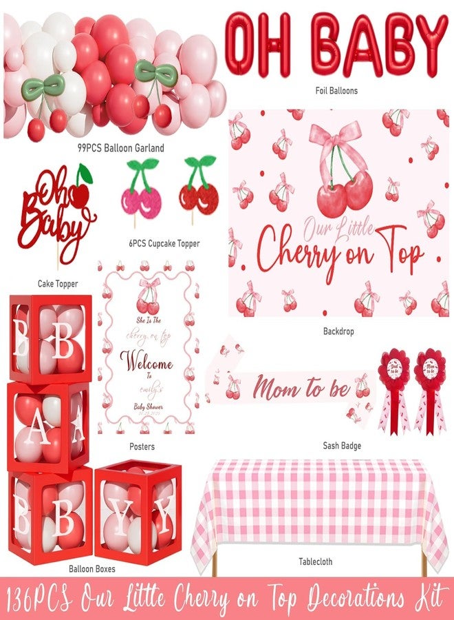 Hombae Cherry on Top Baby Shower Decorations - Baby Girl 136 PCs Cherry Themed Baby Shower Party Supplies with Backdrop, Balloon Garland, Cake Topper, Mom to be Sash - Image 2