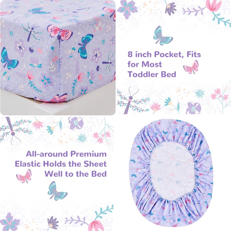 lasoftan Butterfly Toddler Bedding Set for Girls, 4 Piece Bed-in-a-Bag Toddler Comforter Sets, Super Soft Comforter Sheet Set and Comfortable Microfiber Toddler Bed Set - Image 3