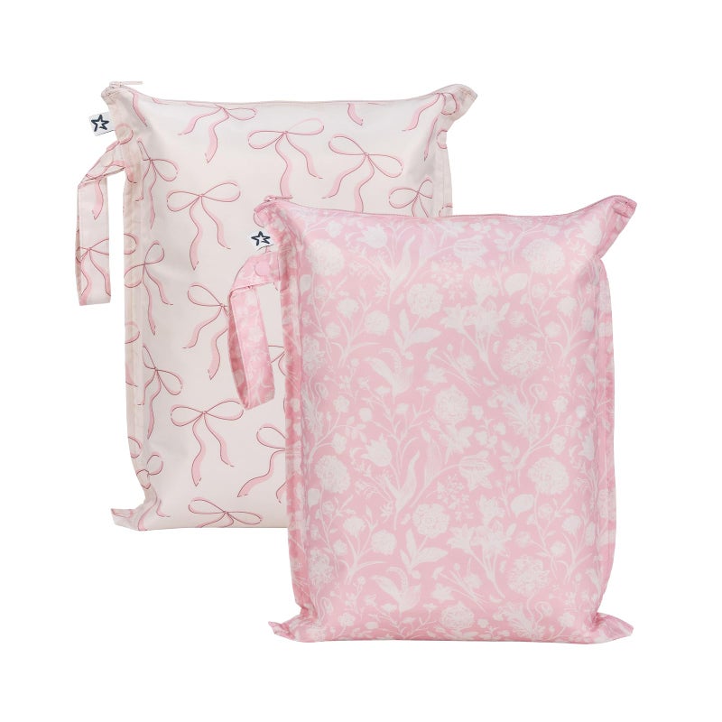 Tiny Twinkle Mess Proof Wet Bags | 2-Pack Reusable Waterproof Wet Bags for Swimsuits | Baby Clothes | Travel & Diaper Bag (Bows,Toile) - Image 1