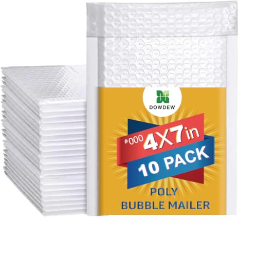 DowDew Water Resistant Bubble Envelope Mailers [10 Pack] 4 inch x 7 inch #000 White Poly Padded Shipping Envelopes Self Sealing Cushioned Packaging Bags - Image 1