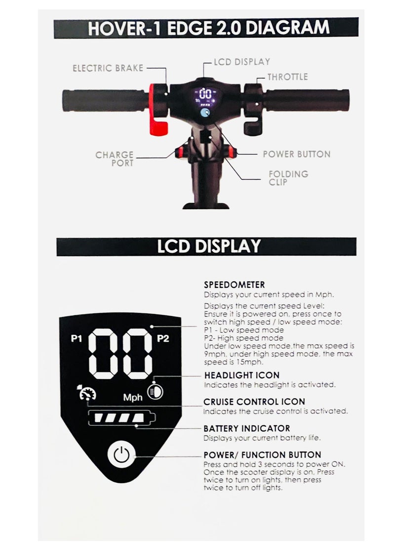 Hover - Hover  1 Edge Electric Foldable Scooter With LED Headlight and Bluetooth Speaker 15 MPH Max Speed 6 Miles Max Distance Black - Image 1