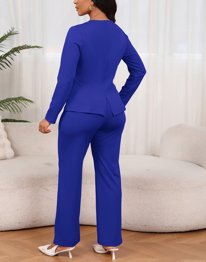 Aro Lora Women 2 Piece Outfits Casual Long Sleeve Irregular Hem Slit Top Pant Set Dressy Pantsuits XX-Large Royal Blue - Image 4