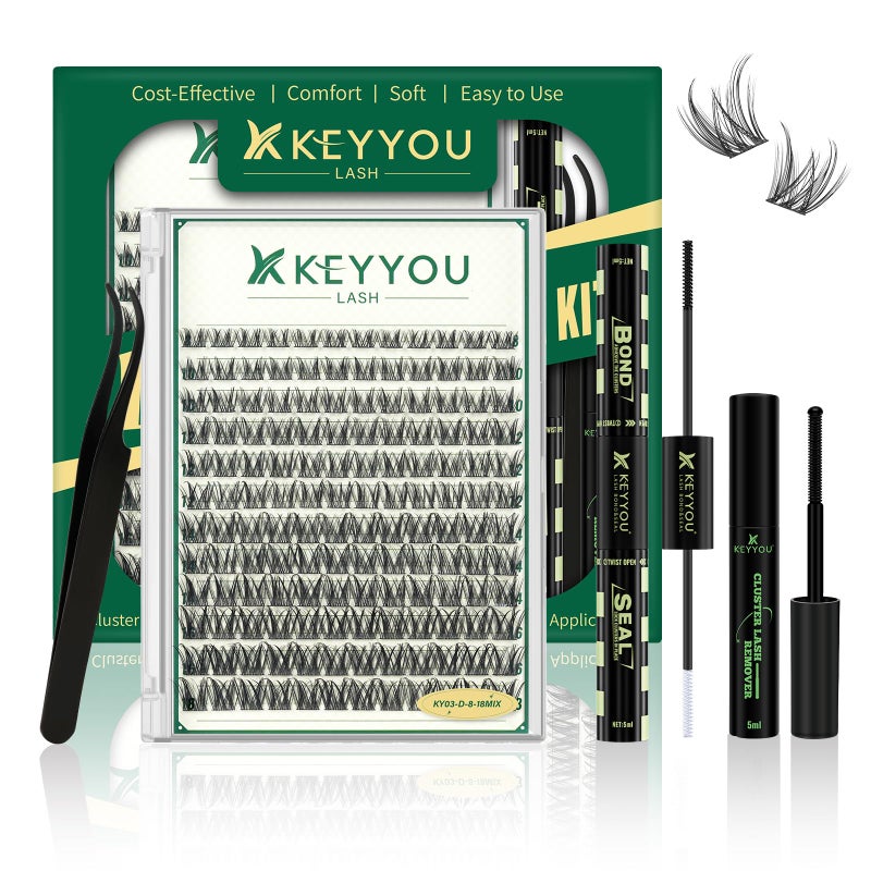 KEYYOULASH Lash Clusters Kit Thick 120pcs 8-18MIX Lash Extension Kit Volume Lash Clusters with Bond and Seal,Remover,Applicators for DIY Eyelash Clusters at Home (KY03 Kit) - Image 1