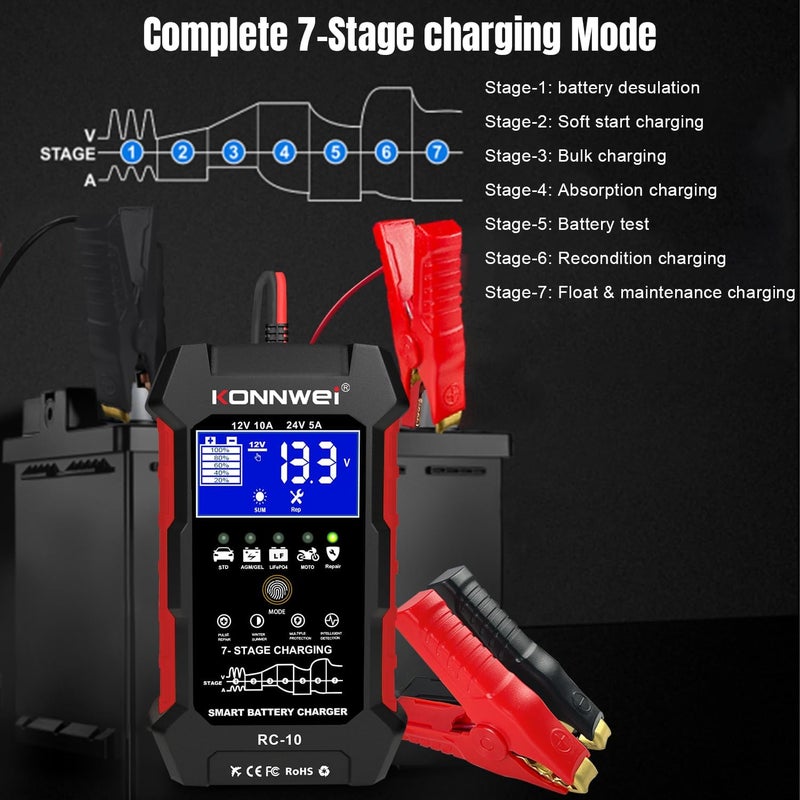 Konnwei 12V 10A 24V 5A Car Battery Charger, 7 Stage Battery Pulse Repair GEL/AGM/WET/ LiFePo4/ Lithium/Lead Acid/Deep-Cycle Batteries, Smart Fully Automatic Battery Charger for Car Truck Motorcycle Boat - Image 4
