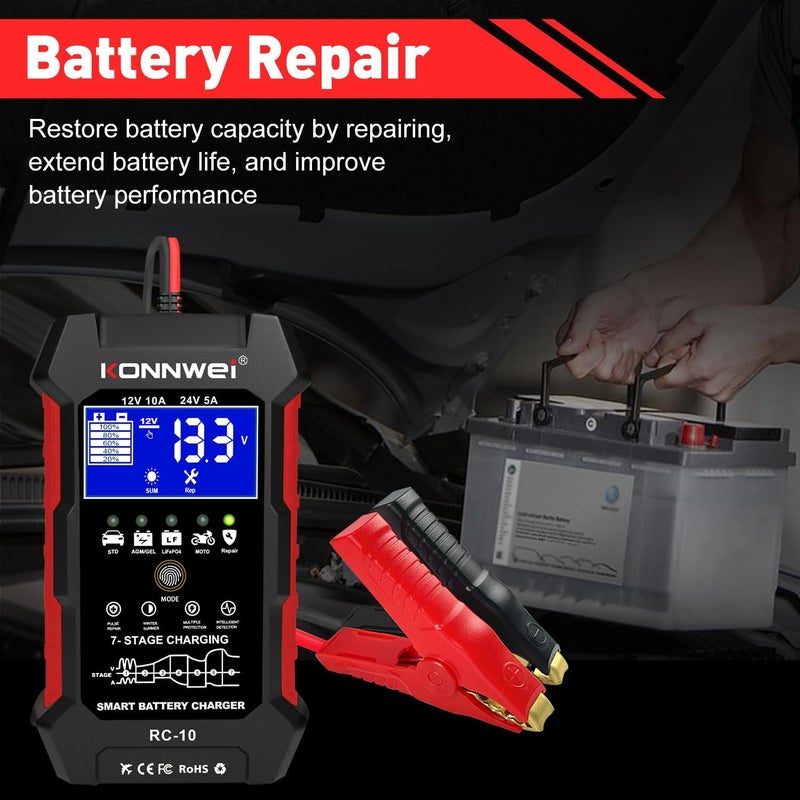 Konnwei 12V 10A 24V 5A Car Battery Charger, 7 Stage Battery Pulse Repair GEL/AGM/WET/ LiFePo4/ Lithium/Lead Acid/Deep-Cycle Batteries, Smart Fully Automatic Battery Charger for Car Truck Motorcycle Boat - Image 5