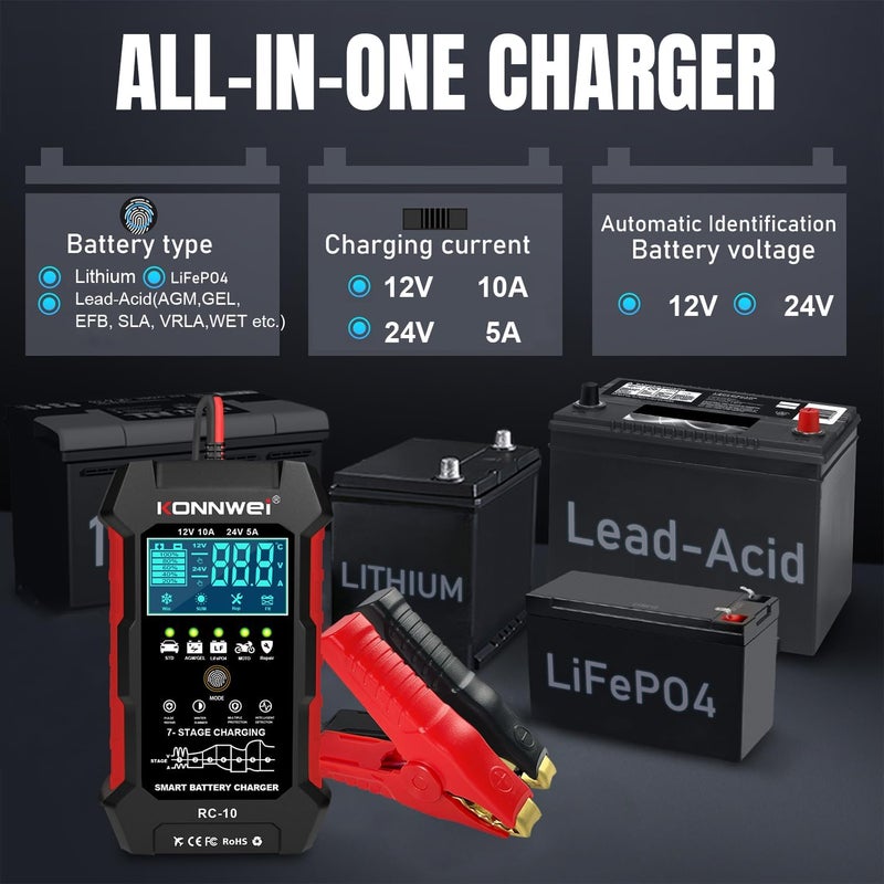 Konnwei 12V 10A 24V 5A Car Battery Charger, 7 Stage Battery Pulse Repair GEL/AGM/WET/ LiFePo4/ Lithium/Lead Acid/Deep-Cycle Batteries, Smart Fully Automatic Battery Charger for Car Truck Motorcycle Boat - Image 3