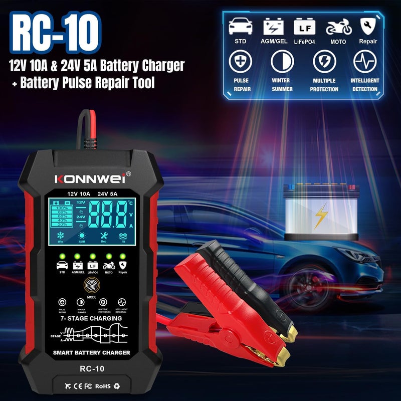 Konnwei 12V 10A 24V 5A Car Battery Charger, 7 Stage Battery Pulse Repair GEL/AGM/WET/ LiFePo4/ Lithium/Lead Acid/Deep-Cycle Batteries, Smart Fully Automatic Battery Charger for Car Truck Motorcycle Boat - Image 2