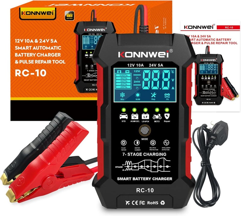 Konnwei 12V 10A 24V 5A Car Battery Charger, 7 Stage Battery Pulse Repair GEL/AGM/WET/ LiFePo4/ Lithium/Lead Acid/Deep-Cycle Batteries, Smart Fully Automatic Battery Charger for Car Truck Motorcycle Boat - Image 1