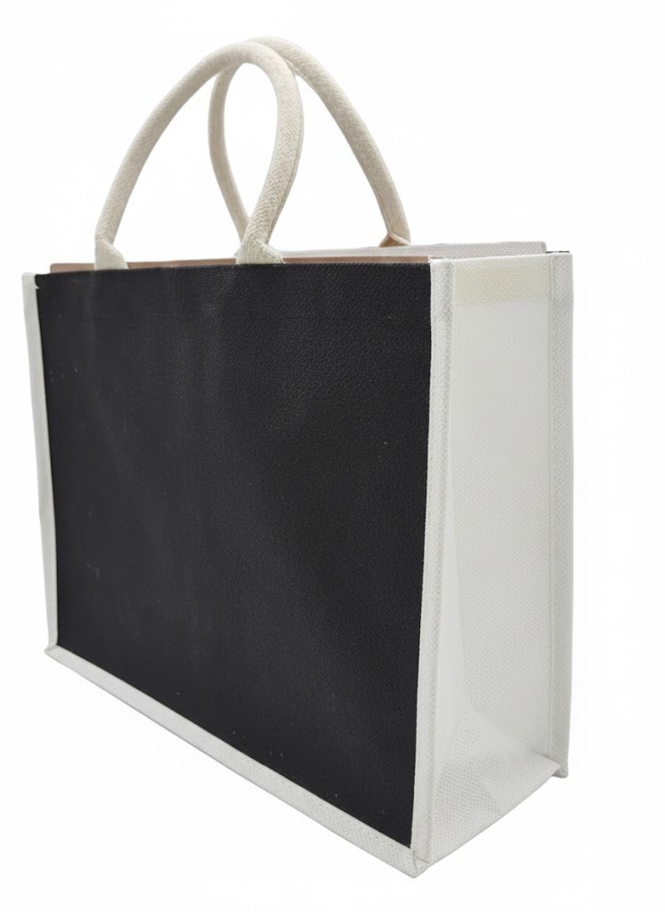 12 PIECES - Canvas Tote Bag with Jute Trim, Handles, Reusable Shopping Bag (BLACK JUTE WITH WHITE TRIM) 41 X 33 X 15 - Image 2
