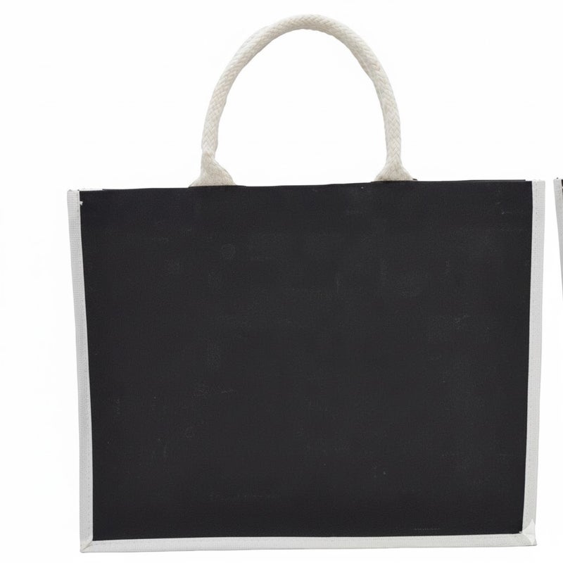 12 PIECES - Canvas Tote Bag with Jute Trim, Handles, Reusable Shopping Bag (BLACK JUTE WITH WHITE TRIM) 41 X 33 X 15 - Image 1