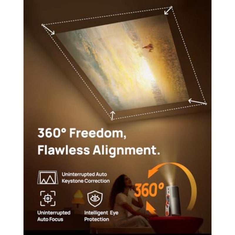مجموعة MOGO 4 BUNDLE: جهاز عرض محمول عالي الدقة بالكامل + حامل PowerBase + 1 فلتر، 540 لومن ANSI، حامل مدمج 360، وقت عرض الفيلم 5 ساعات، مكبرات صوت Harman/Kardon 2×6 وات، تلفزيون Google، أسود، تصميم مضغوط للغاية - Image 5