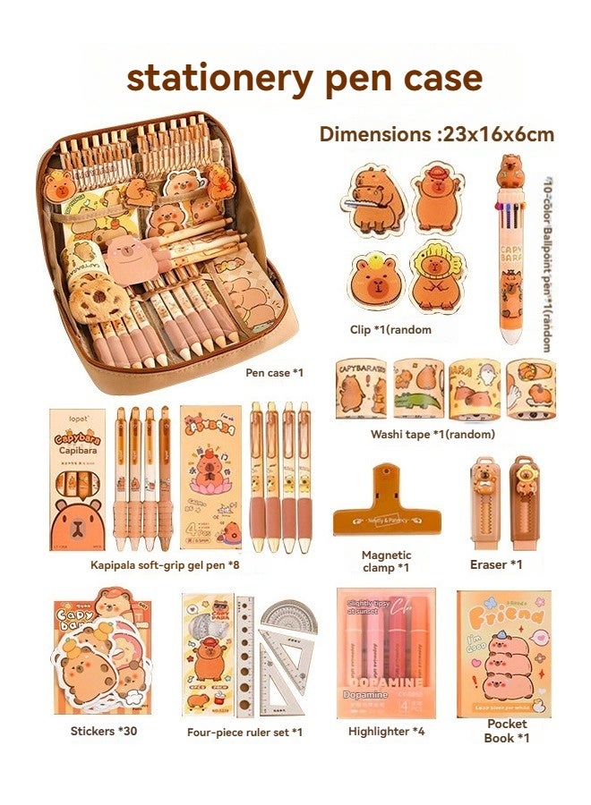 Cute Capybara Pencil Case, Stationery Gift Set, Cartoon School Supplies Kit with 12 Compartments Pen Pouch, , Sticker for Kids Student Office