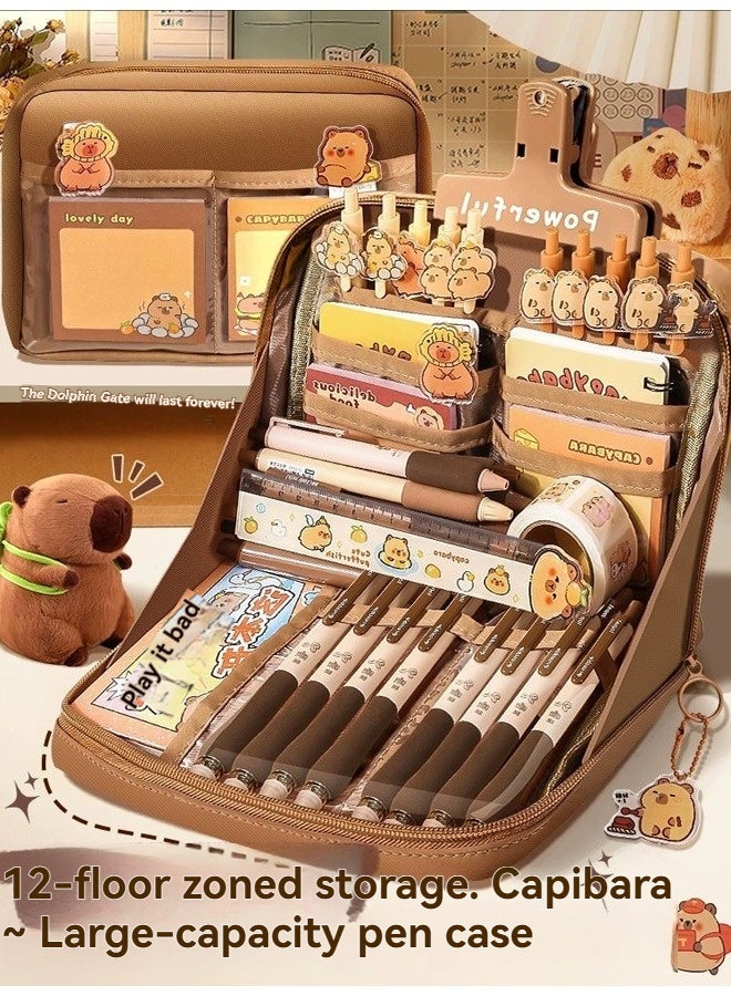 بيوينتي قضية القلم Capybara لطيف, مجموعة هدية القرطاسية, الكرتون مدرسة الإمدادات مجموعة مع 12 مقصورات القلم حقيبة,, ملصق للأطفال مكتب الطالب - Image 2