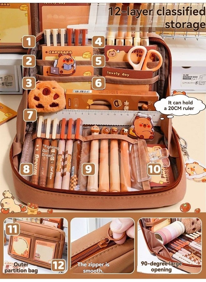 بيوينتي قضية القلم Capybara لطيف, مجموعة هدية القرطاسية, الكرتون مدرسة الإمدادات مجموعة مع 12 مقصورات القلم حقيبة,, ملصق للأطفال مكتب الطالب - Image 3
