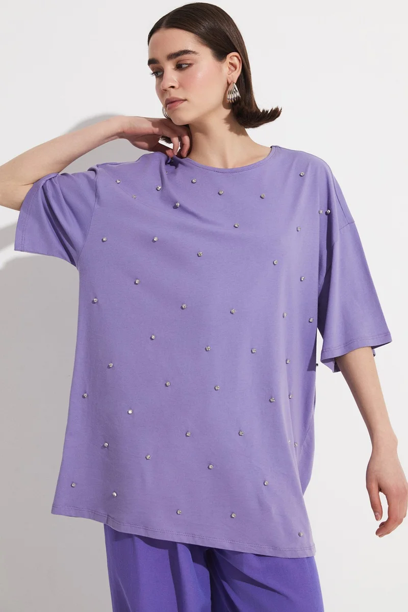 جون Stone Detailed 100% Cotton T-Shirt
