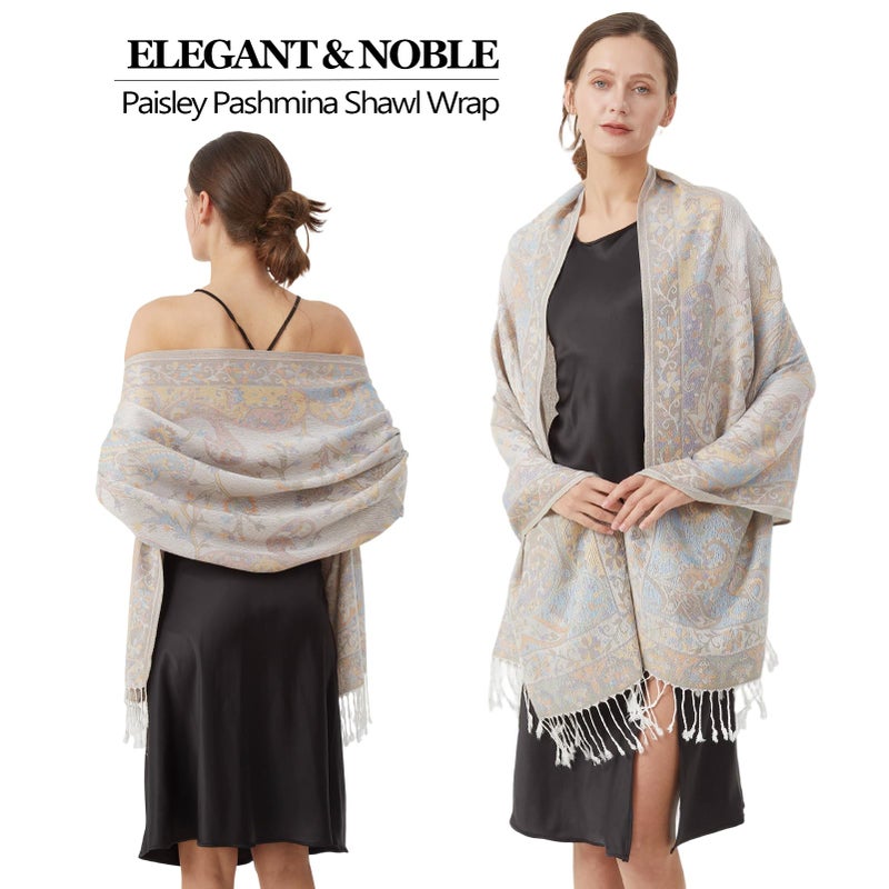 Nonakgado Pashmina Paisley Scarf-Spring Fall Hijab Jacquard Pashminas Wrap Shawl Travel Scarf for Women Wedding(Sy1-White Blue) - Image 2
