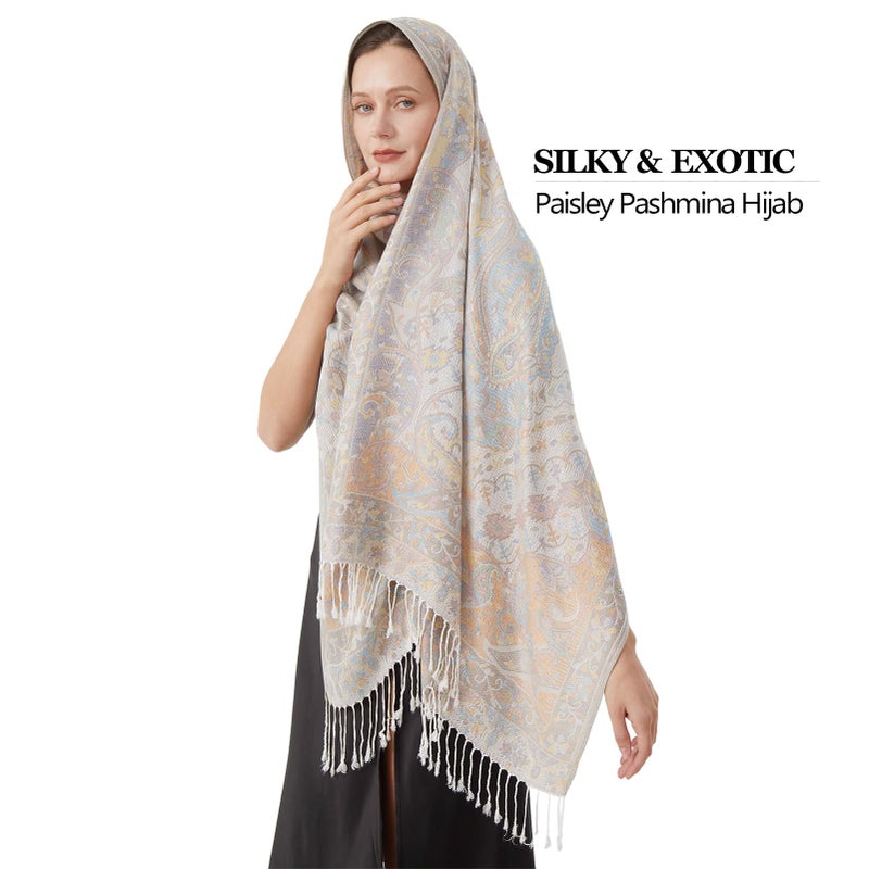 Nonakgado Pashmina Paisley Scarf-Spring Fall Hijab Jacquard Pashminas Wrap Shawl Travel Scarf for Women Wedding(Sy1-White Blue) - Image 4
