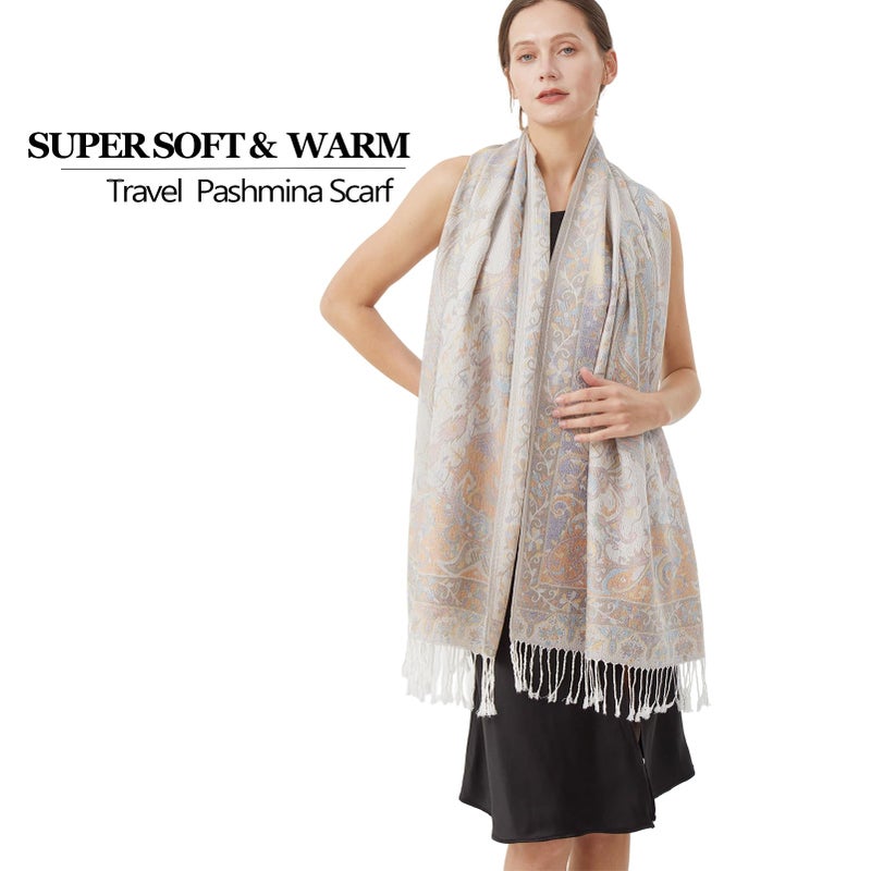 Nonakgado Pashmina Paisley Scarf-Spring Fall Hijab Jacquard Pashminas Wrap Shawl Travel Scarf for Women Wedding(Sy1-White Blue) - Image 3