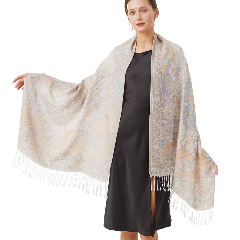 Nonakgado Pashmina Paisley Scarf-Spring Fall Hijab Jacquard Pashminas Wrap Shawl Travel Scarf for Women Wedding(Sy1-White Blue) - Image 1