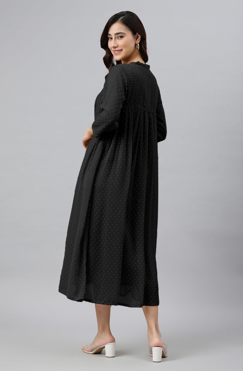 Janasya Women's Black Dobby Chiffon Woven Design Front Slit Flared Dress (JNE4158-KR-XL) - Image 4