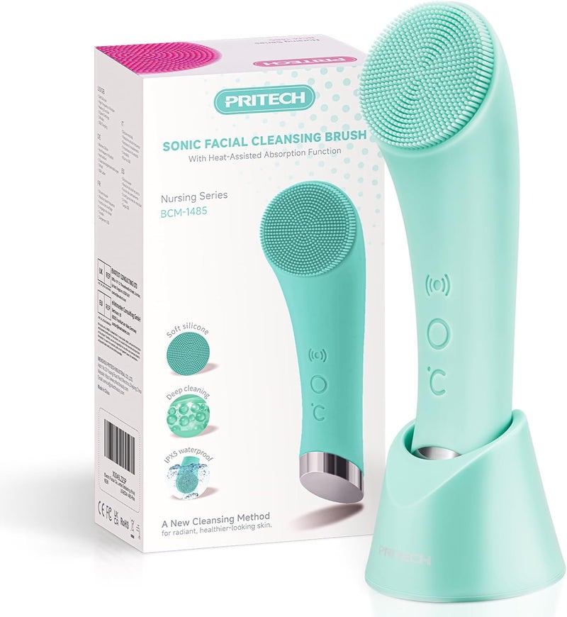 pritech Silicone Face Scrubber, Rechargeable Facial Cleansing Brush with Heat Massage End, Vibrating Exfoliating Face Scrubber for Women and Men, Waterproof Facial Scrubber for Deep Cleansing (Green) - Image 1