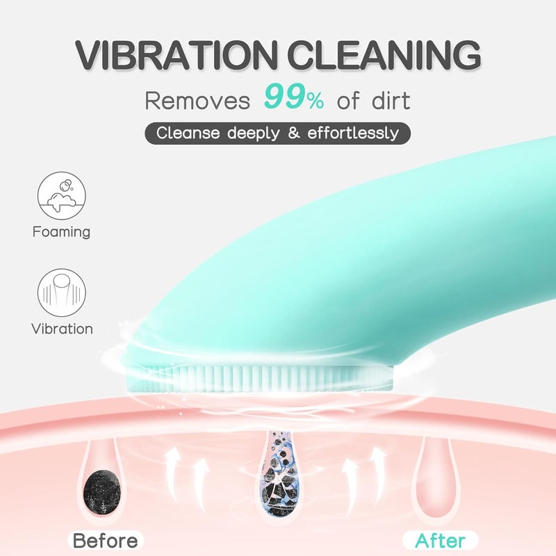 pritech Silicone Face Scrubber, Rechargeable Facial Cleansing Brush with Heat Massage End, Vibrating Exfoliating Face Scrubber for Women and Men, Waterproof Facial Scrubber for Deep Cleansing (Green) - Image 2