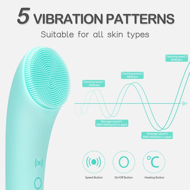 pritech Silicone Face Scrubber, Rechargeable Facial Cleansing Brush with Heat Massage End, Vibrating Exfoliating Face Scrubber for Women and Men, Waterproof Facial Scrubber for Deep Cleansing (Green) - Image 4