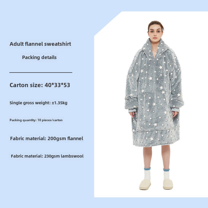 Oversized Hoodie Blanket Flannel Couples Loungewear Luminous Star Grey-Adult Double Layer 
