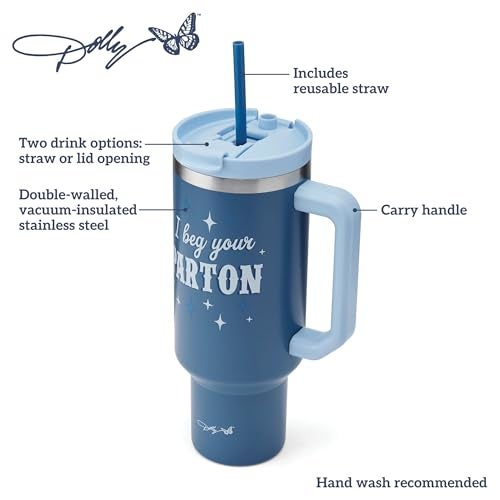 Dolly Parton Tumbler With Handle, Double Wall Vacuum Insulated Stainless Steel With Straw Lid, Cold For Up To 24 Hours Or Hot For Up To 8 Hours, 40 Ounce, Blue - Image 3