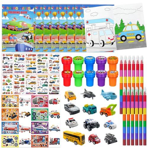 Cinrobiye 72 Pcs Transportation Party Favors Set Vehicle Car Coloring Books Crayons Tattoos Stickers Stampers Birthday Supplies Goodie Bag Fillers Race Car Party Decorations - Image 1