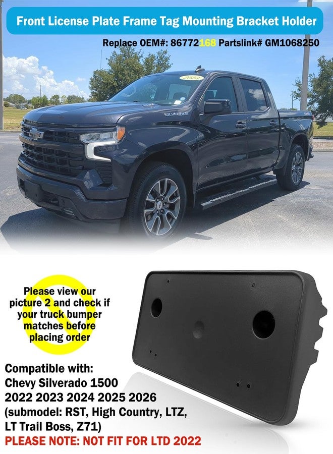 Wocch Front License Plate Frame for 2022 2023 2024 2025 Chevy Silverado 1500 Front Bumper License Plate Holder Mounting Bracket Cover Replace# 86772168 Partslink# GM1068250 - Image 3